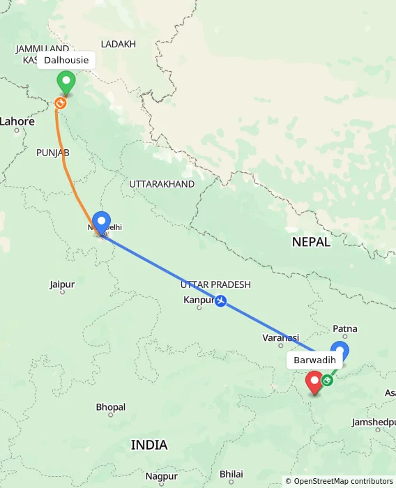 Route map showing distance and travel time from Dalhousie, India to Barwadih, India