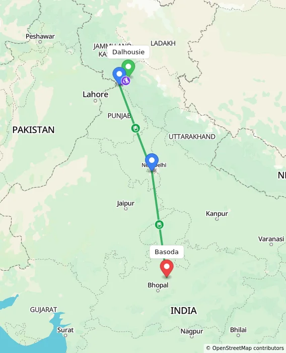 Route map showing distance and travel time from Dalhousie, India to Basoda, India