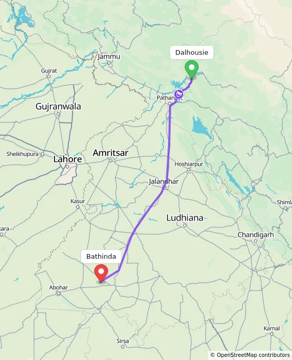 Route map showing distance and travel time from Dalhousie, India to Bathinda, India