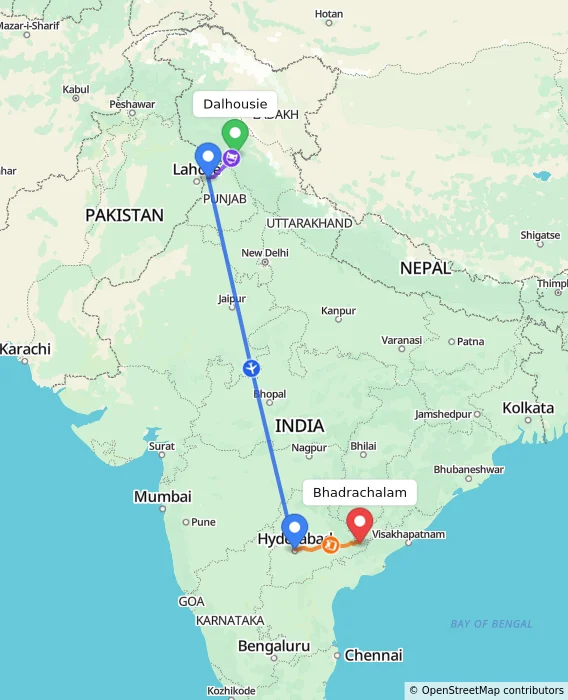 Route map showing distance and travel time from Dalhousie, India to Bhadrachalam, India