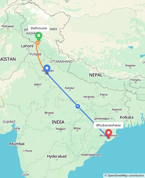 Route map showing distance and travel time from Dalhousie, India to Bhubaneshwar, India