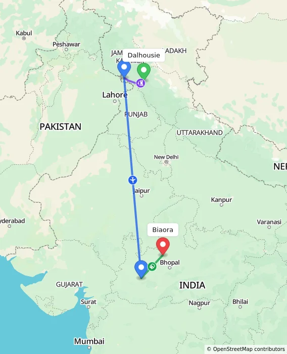Route map showing distance and travel time from Dalhousie, India to Biaora, India