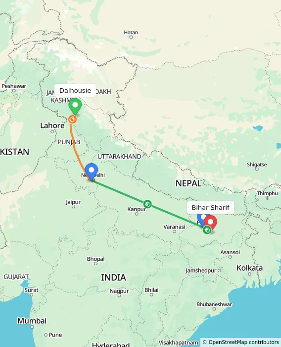 Route map showing distance and travel time from Dalhousie, India to Bihar Sharif, India