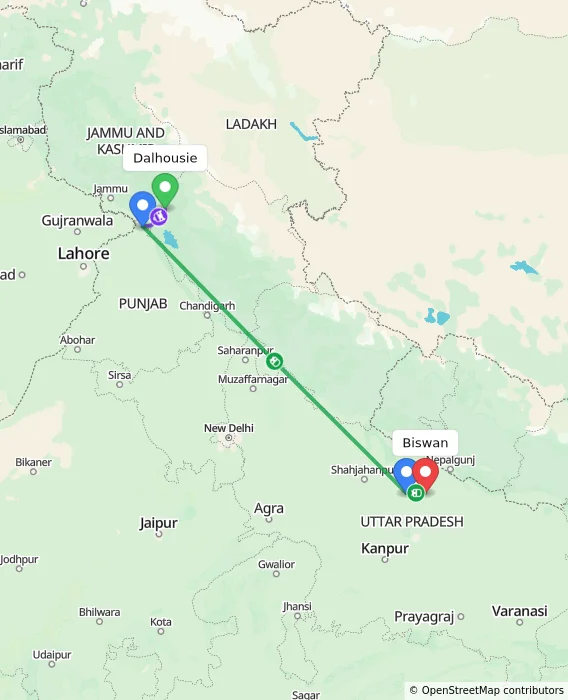 Route map showing distance and travel time from Dalhousie, India to Biswan, India