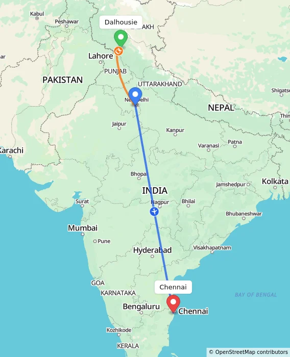 Route map showing distance and travel time from Dalhousie, India to Chennai, India
