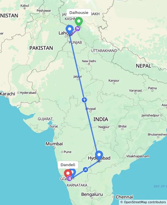 Route map showing distance and travel time from Dalhousie, India to Dandeli, India