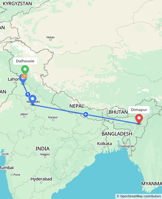 Route map showing distance and travel time from Dalhousie, India to Dimapur, India