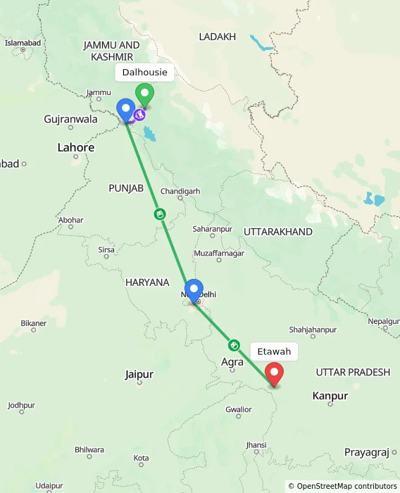 Route map showing distance and travel time from Dalhousie, India to Etawah, India