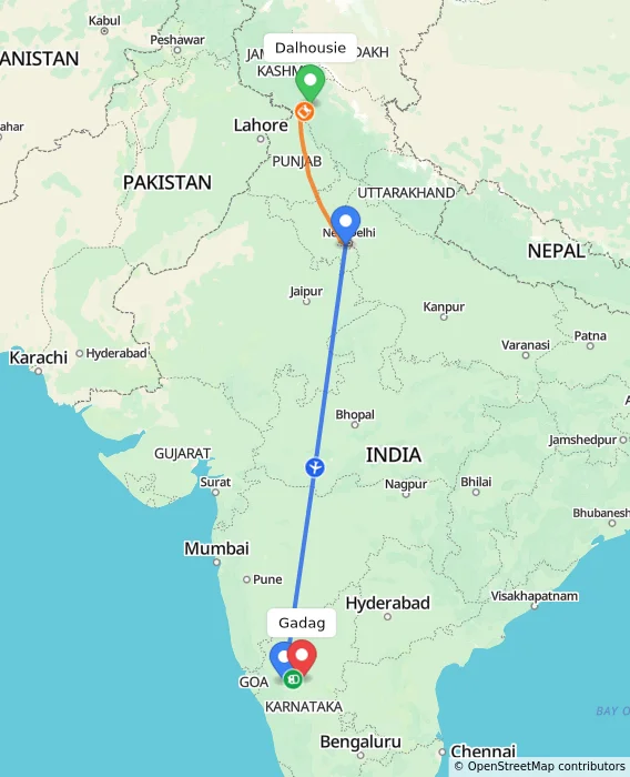 Route map showing distance and travel time from Dalhousie, India to Gadag, India