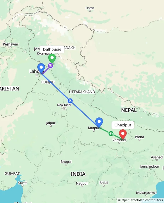 Route map showing distance and travel time from Dalhousie, India to Ghazipur, India