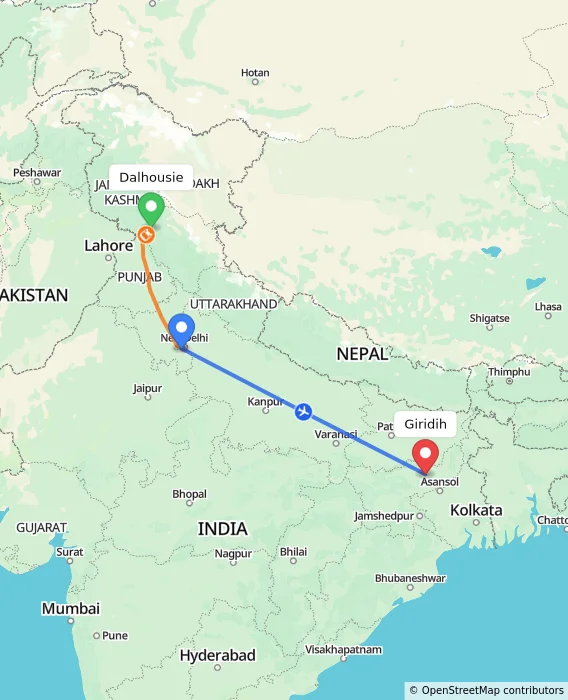 Route map showing distance and travel time from Dalhousie, India to Giridih, India