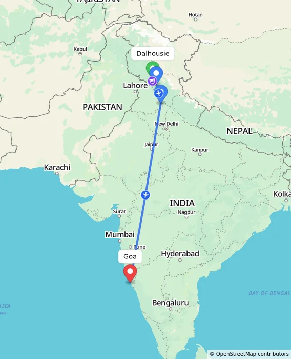 Route map showing distance and travel time from Dalhousie, India to Goa, India