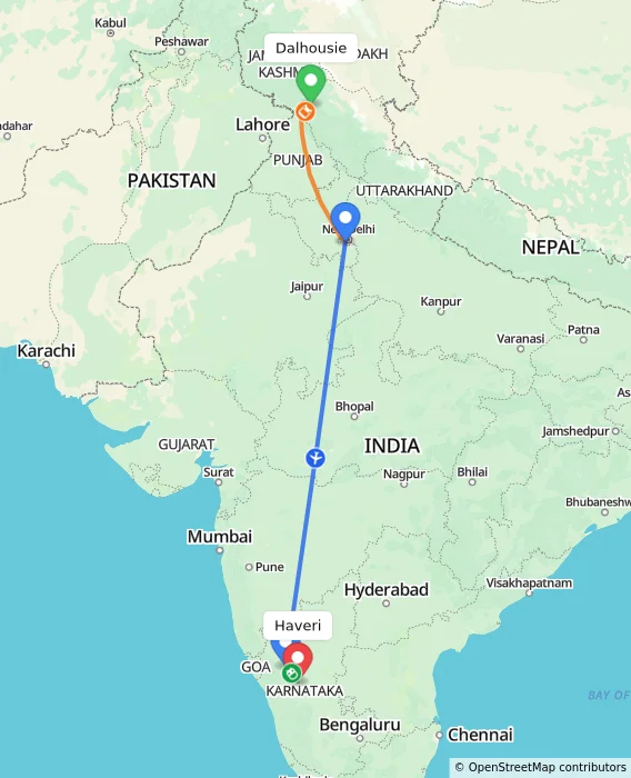 Route map showing distance and travel time from Dalhousie, India to Haveri, India