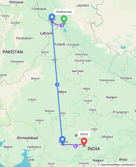 Route map showing distance and travel time from Dalhousie, India to Itarsi, India