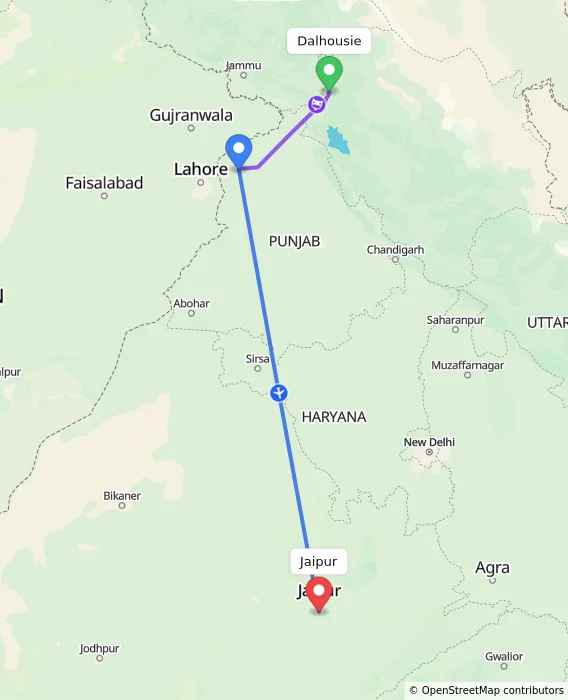 Route map showing distance and travel time from Dalhousie, India to Jaipur, India