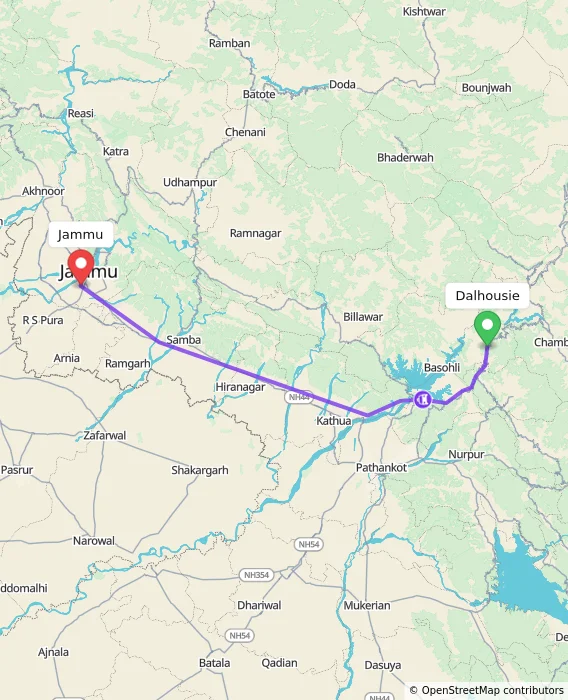 Route map showing distance and travel time from Dalhousie, India to Jammu, India