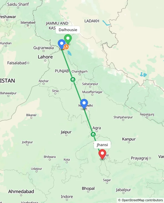 Route map showing distance and travel time from Dalhousie, India to Jhansi, India