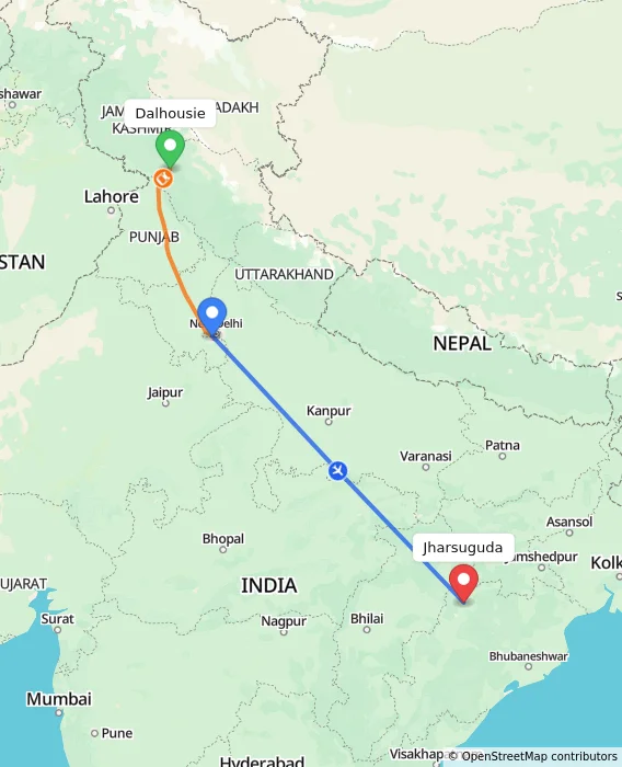 Route map showing distance and travel time from Dalhousie, India to Jharsuguda, India