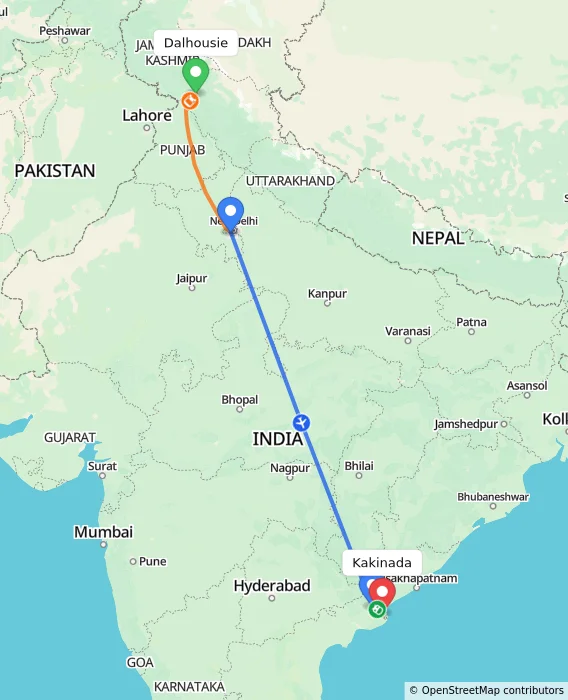 Route map showing distance and travel time from Dalhousie, India to Kakinada, India