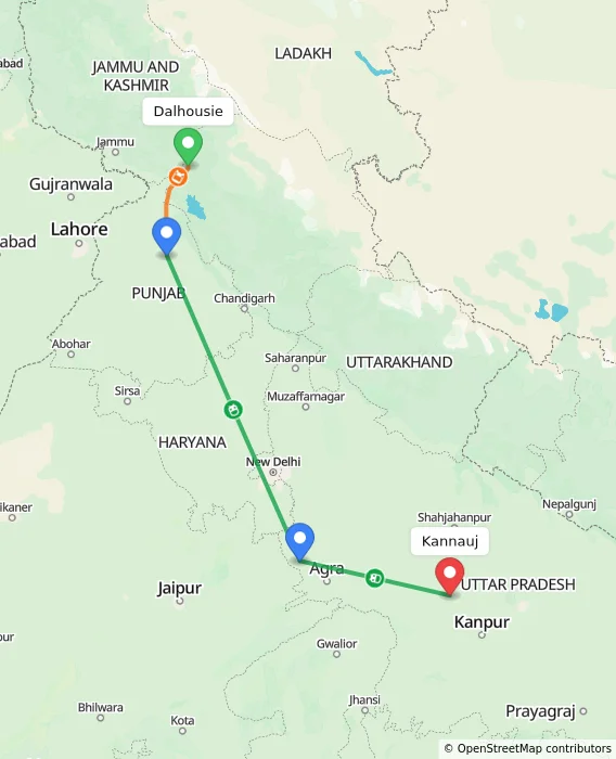 Route map showing distance and travel time from Dalhousie, India to Kannauj, India