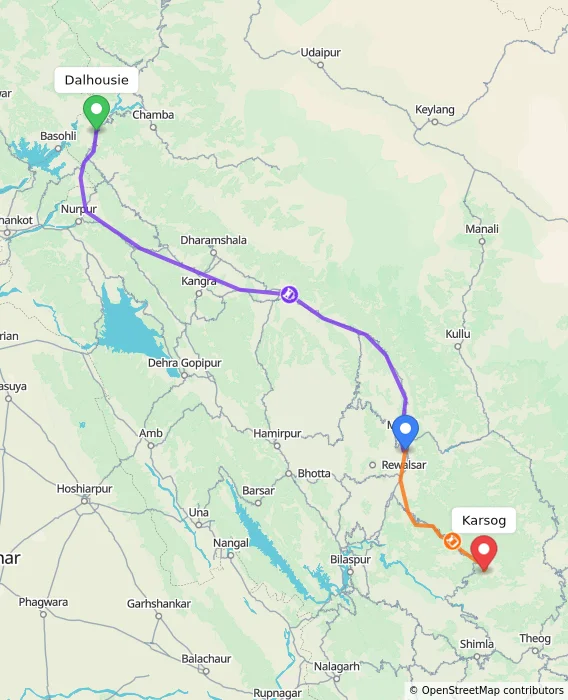Route map showing distance and travel time from Dalhousie, India to Karsog, India
