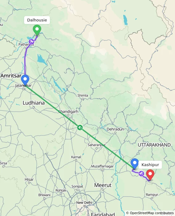 Route map showing distance and travel time from Dalhousie, India to Kashipur, India