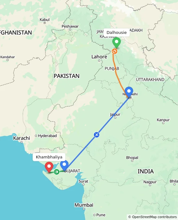 Route map showing distance and travel time from Dalhousie, India to Khambhaliya, India