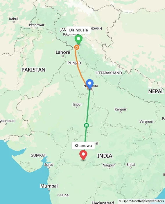 Route map showing distance and travel time from Dalhousie, India to Khandwa, India