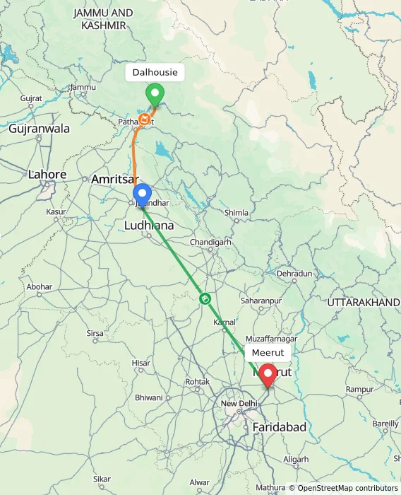 Route map showing distance and travel time from Dalhousie, India to Meerut, India