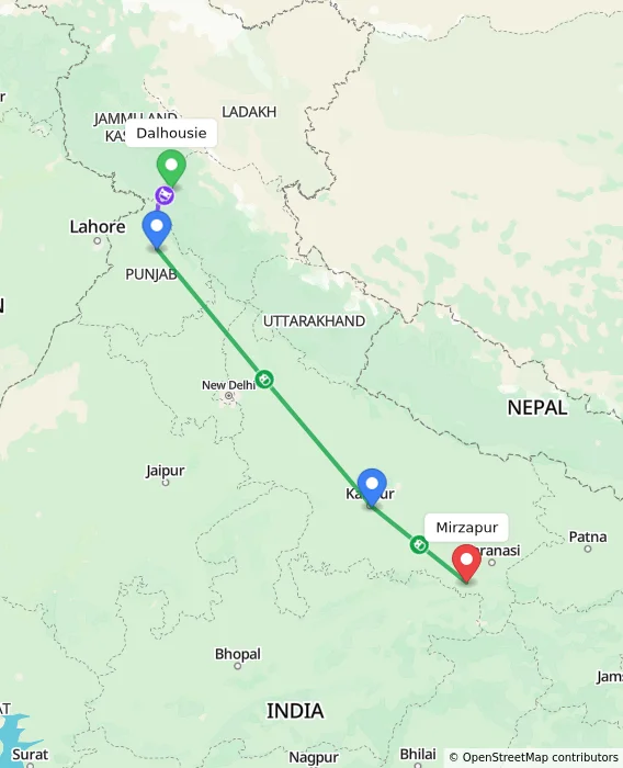 Route map showing distance and travel time from Dalhousie, India to Mirzapur, India