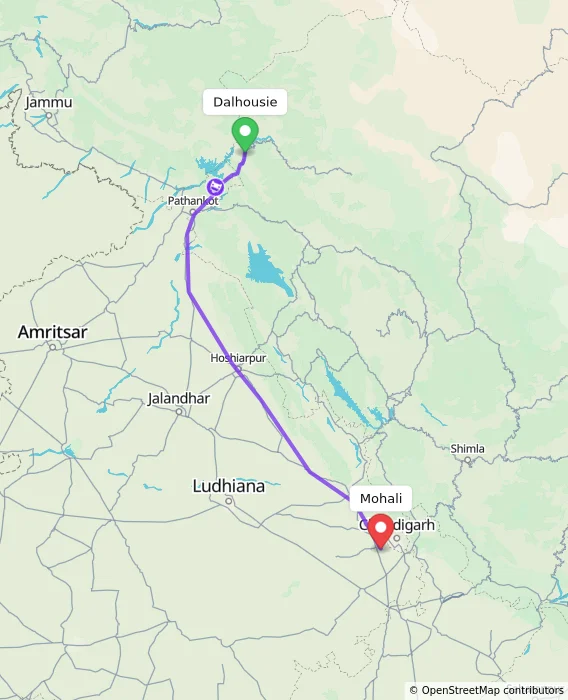 Route map showing distance and travel time from Dalhousie, India to Mohali, India