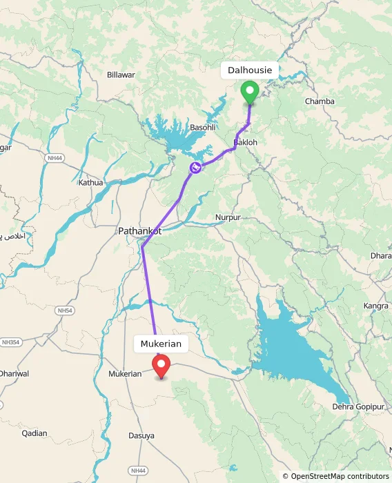 Route map showing distance and travel time from Dalhousie, India to Mukerian, India