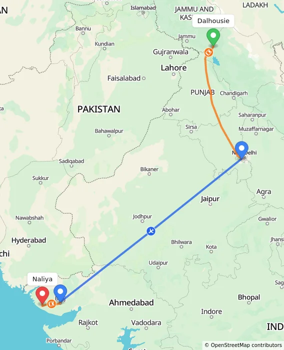Route map showing distance and travel time from Dalhousie, India to Naliya, India