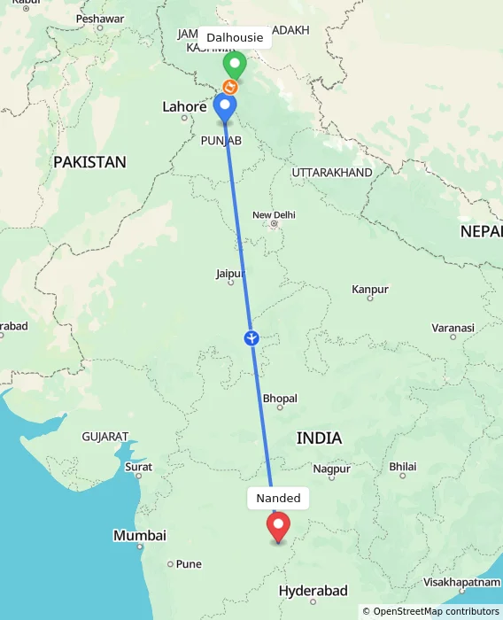 Route map showing distance and travel time from Dalhousie, India to Nanded, India