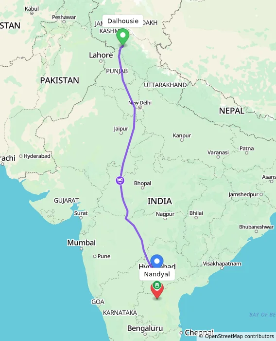 Route map showing distance and travel time from Dalhousie, India to Nandyal, India