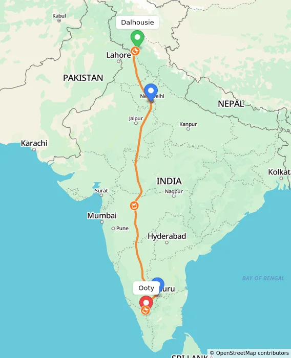 Route map showing distance and travel time from Dalhousie, India to Ooty, India
