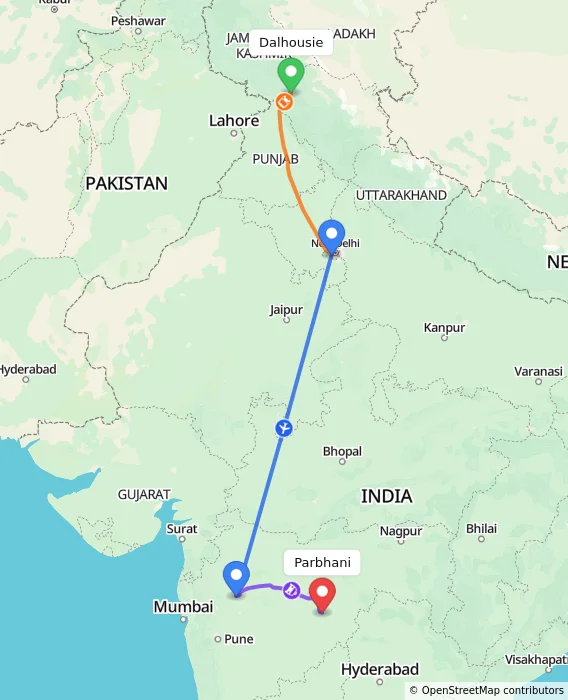 Route map showing distance and travel time from Dalhousie, India to Parbhani, India