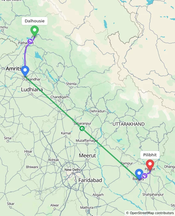 Route map showing distance and travel time from Dalhousie, India to Pilibhit, India