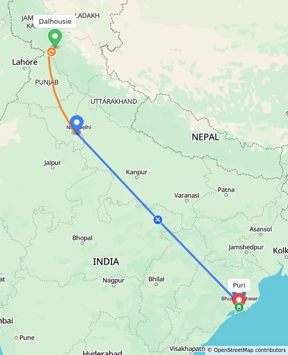 Route map showing distance and travel time from Dalhousie, India to Puri, India
