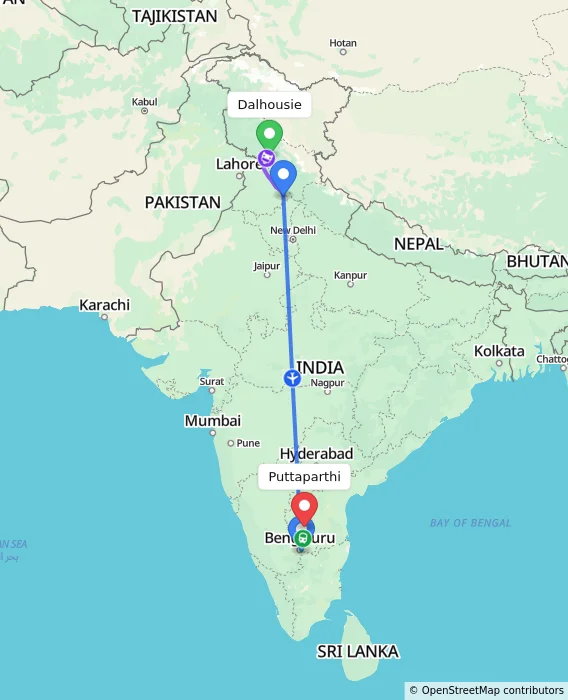 Route map showing distance and travel time from Dalhousie, India to Puttaparthi, India