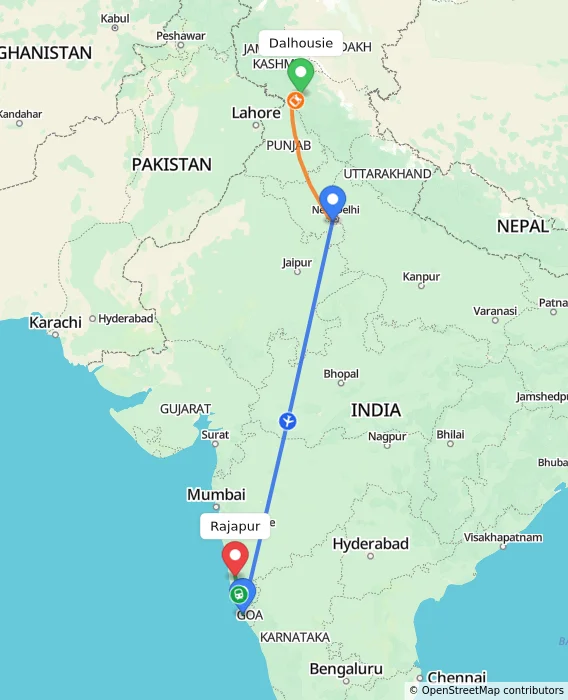 Route map showing distance and travel time from Dalhousie, India to Rajapur, India