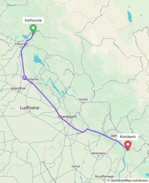 Route map showing distance and travel time from Dalhousie, India to Rishikesh, India