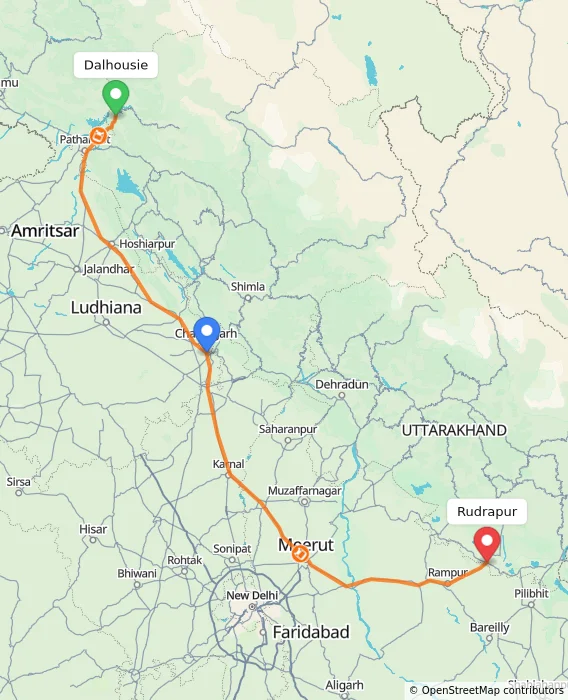 Route map showing distance and travel time from Dalhousie, India to Rudrapur, India