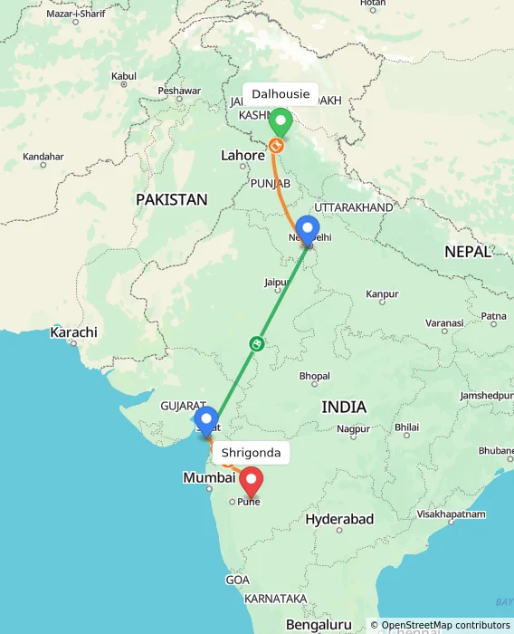 Route map showing distance and travel time from Dalhousie, India to Shrigonda, India