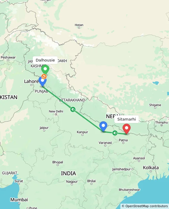 Route map showing distance and travel time from Dalhousie, India to Sitamarhi, India