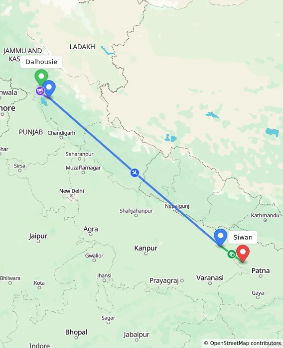 Route map showing distance and travel time from Dalhousie, India to Siwan, India