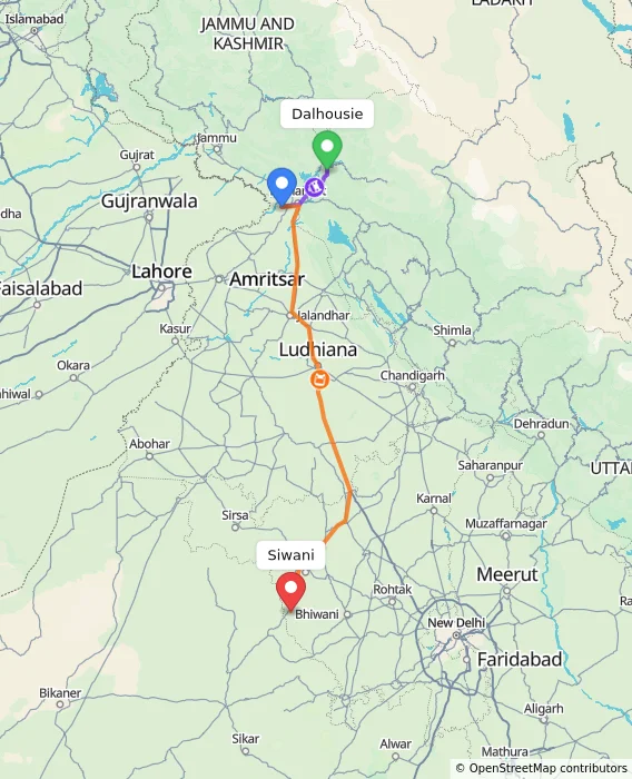Route map showing distance and travel time from Dalhousie, India to Siwani, India