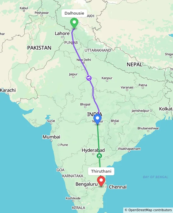 Route map showing distance and travel time from Dalhousie, India to Thiruthani, India