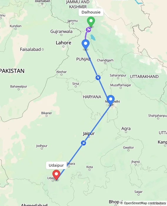 Route map showing distance and travel time from Dalhousie, India to Udaipur, India