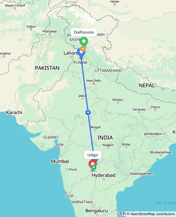 Route map showing distance and travel time from Dalhousie, India to Udgir, India